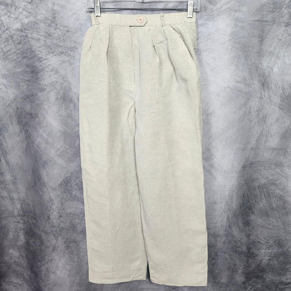 Vintage 80s Pleated Linen Trousers Size 6 25x25 Oatmeal High Waist Pants ILGWU